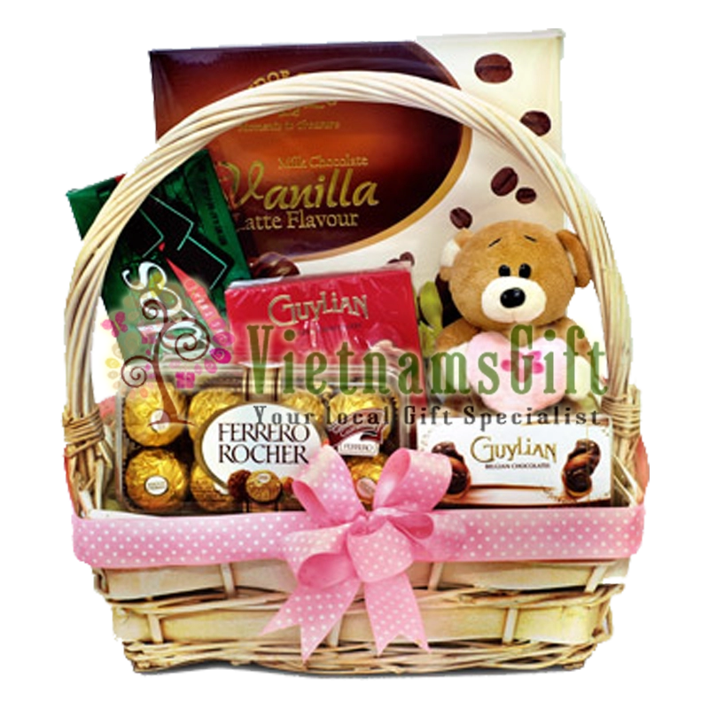 Teddy bear with chocolate basket sales